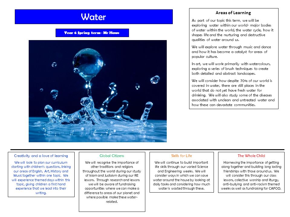 Areas of Learning As part of our topic this term, we will be exploring water within our world- major bodies of water within the world, the water cycle, how it shapes life and the nurturing and destructive qualities of water around us.