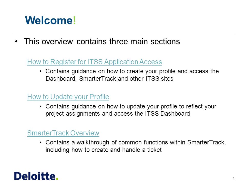 1 ITSS This overview contains three main sections How to Register for ITSS Application Access Contains guidance on how to create your profile and access the Dashboard, SmarterTrack and other ITSS sites How to Update your Profile Contains guidance on how to update your profile to reflect your project assignments and access the ITSS Dashboard SmarterTrack Overview Contains a walkthrough of common functions within SmarterTrack, including how to create and handle a ticket Welcome!