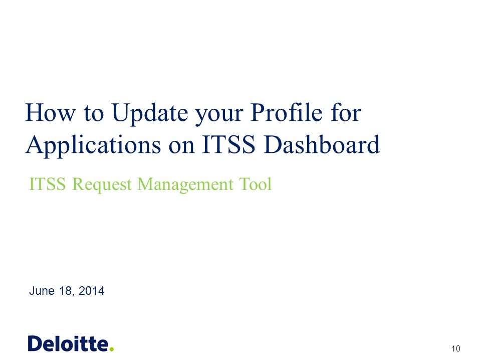 ITSS How to Update your Profile for Applications on ITSS Dashboard June 18, 2014 ITSS Request Management Tool 10