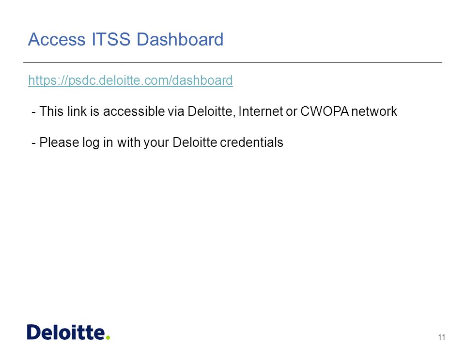 11 ITSS Access ITSS Dashboard   - This link is accessible via Deloitte, Internet or CWOPA network - Please log in with your Deloitte credentials