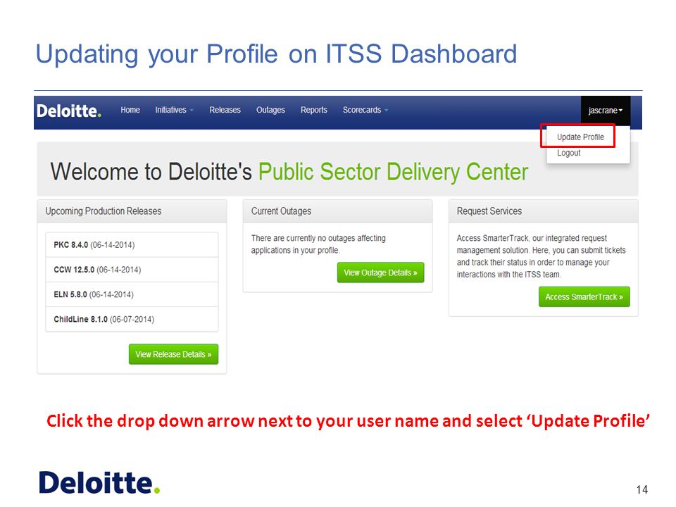 14 ITSS Updating your Profile on ITSS Dashboard Click the drop down arrow next to your user name and select ‘Update Profile’