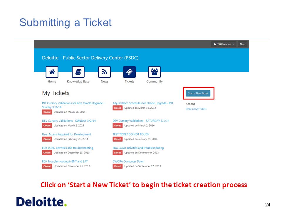 24 ITSS Submitting a Ticket Click on ‘Start a New Ticket’ to begin the ticket creation process