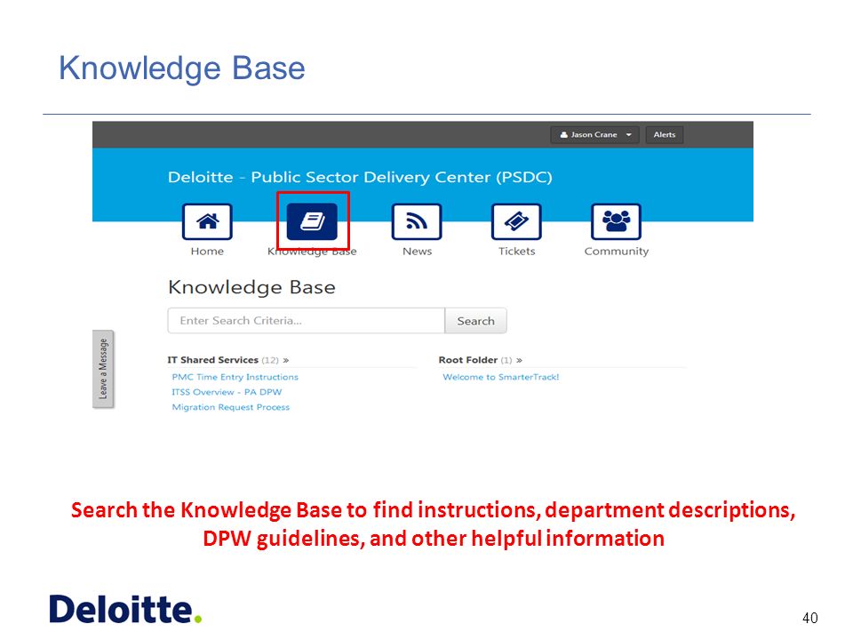 40 ITSS Knowledge Base Search the Knowledge Base to find instructions, department descriptions, DPW guidelines, and other helpful information