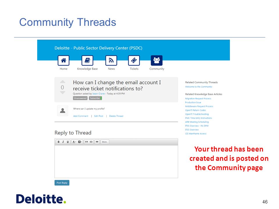 46 ITSS Community Threads Your thread has been created and is posted on the Community page