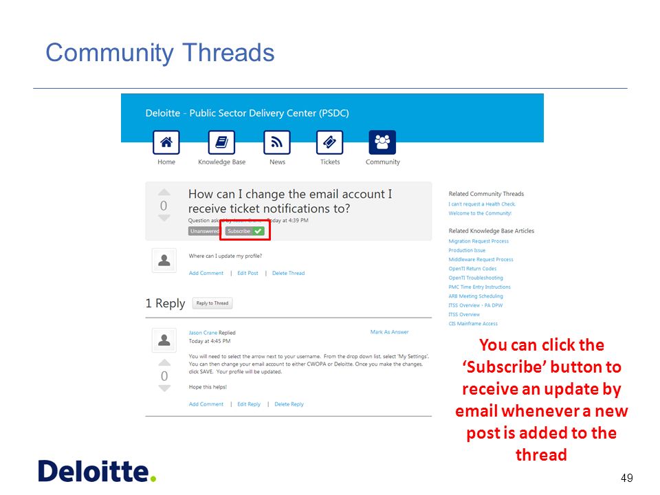 49 ITSS Community Threads You can click the ‘Subscribe’ button to receive an update by  whenever a new post is added to the thread