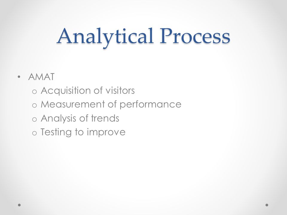 Analytical Process AMAT o Acquisition of visitors o Measurement of performance o Analysis of trends o Testing to improve