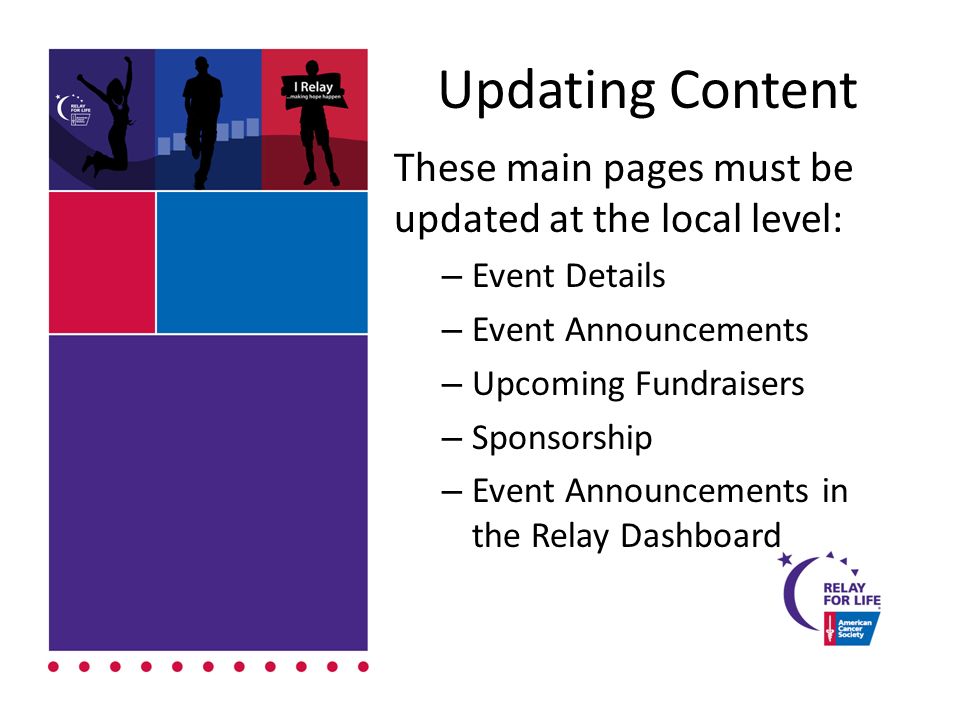 Updating Content These main pages must be updated at the local level: – Event Details – Event Announcements – Upcoming Fundraisers – Sponsorship – Event Announcements in the Relay Dashboard