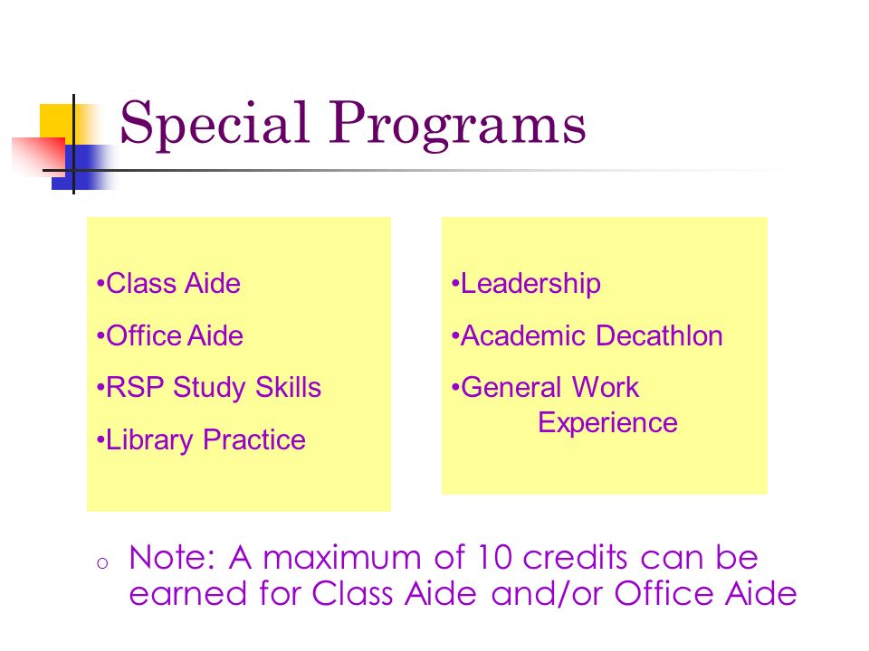 o Note: A maximum of 10 credits can be earned for Class Aide and/or Office Aide Class Aide Office Aide RSP Study Skills Library Practice Leadership Academic Decathlon General Work Experience