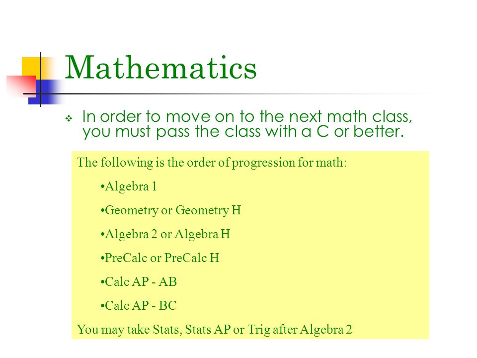  In order to move on to the next math class, you must pass the class with a C or better.