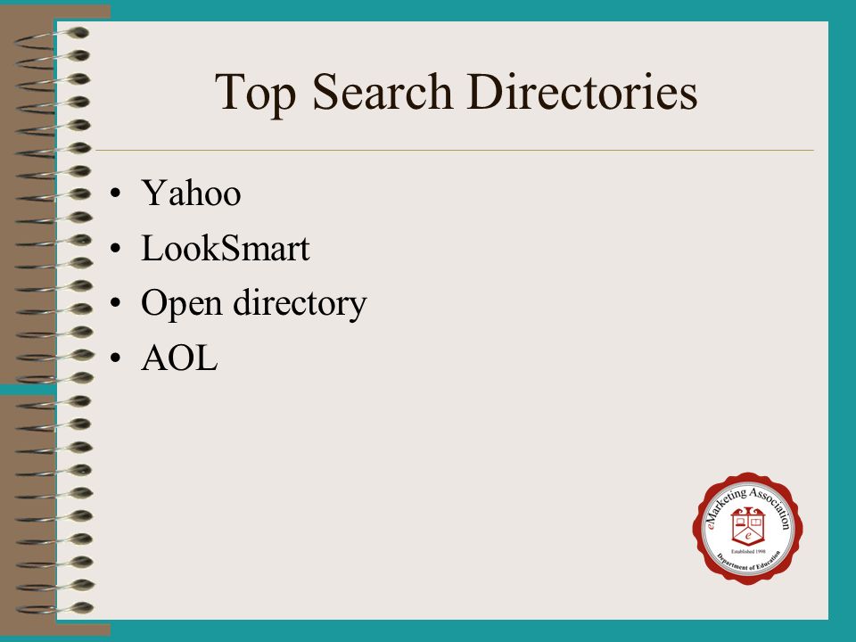 Top Search Directories Yahoo LookSmart Open directory AOL