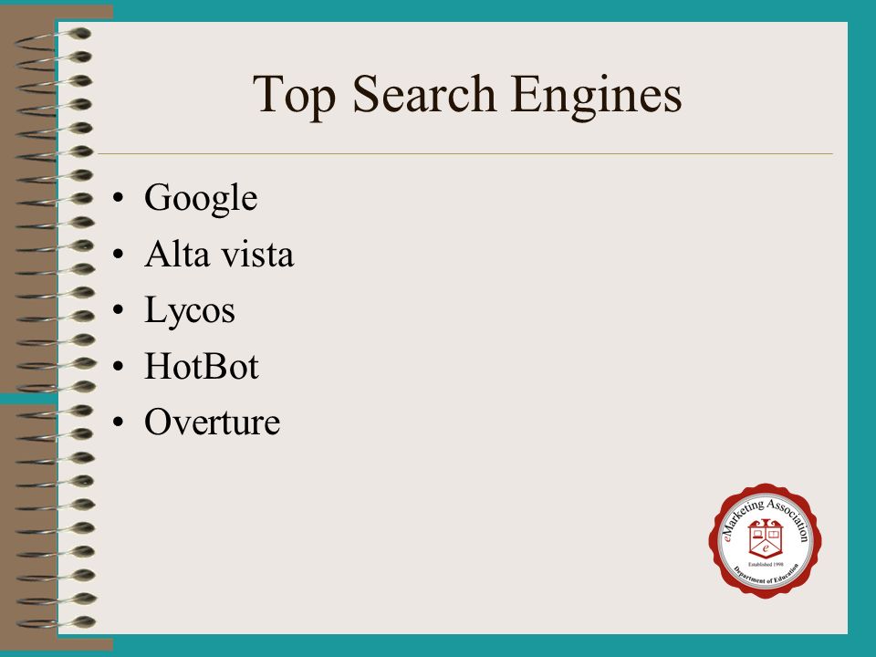 Top Search Engines Google Alta vista Lycos HotBot Overture
