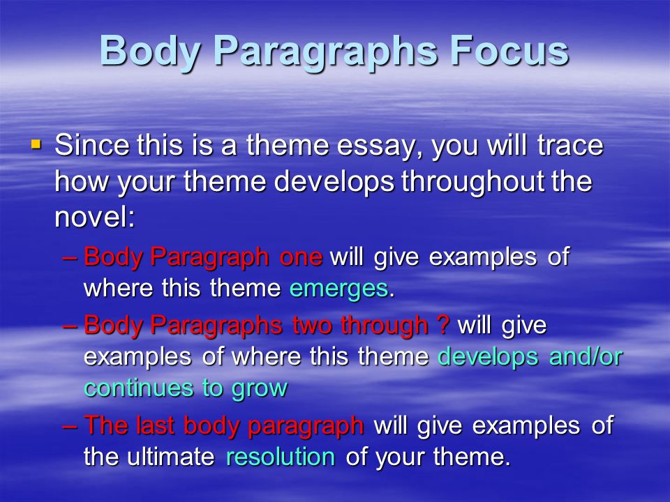 Body Paragraphs Focus  Since this is a theme essay, you will trace how your theme develops throughout the novel: –Body Paragraph one will give examples of where this theme emerges.