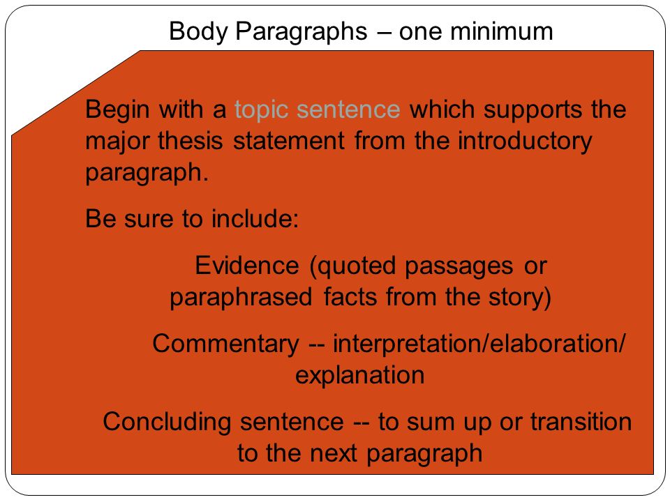 Body Paragraphs – one minimum Begin with a topic sentence which supports the major thesis statement from the introductory paragraph.