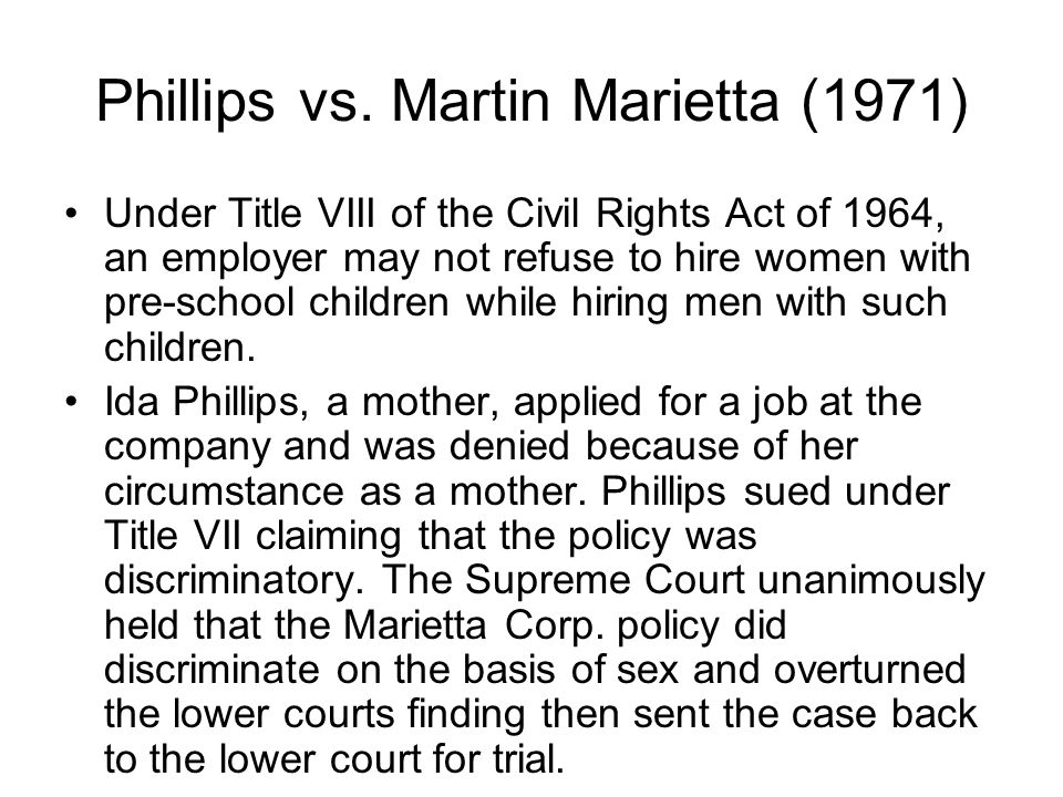 Under Title VIII of the Civil Rights Act of 1964, an employer may not refuse to hire women with pre-school children while hiring men with such children.