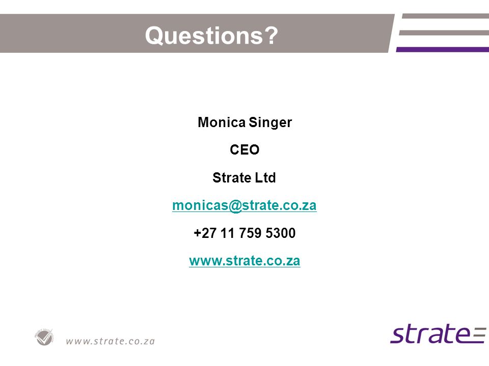 Questions Monica Singer CEO Strate Ltd