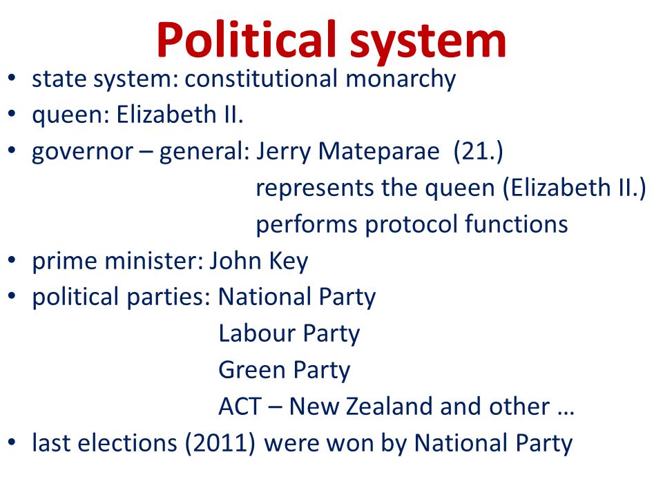 Political system state system: constitutional monarchy queen: Elizabeth II.