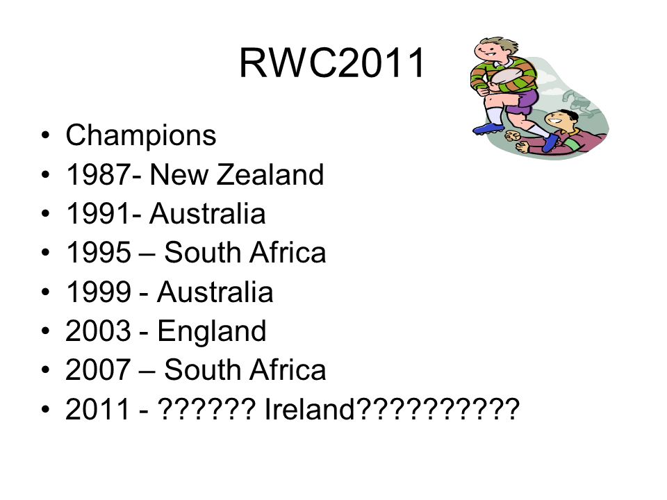 RWC2011 Champions New Zealand Australia 1995 – South Africa Australia England 2007 – South Africa