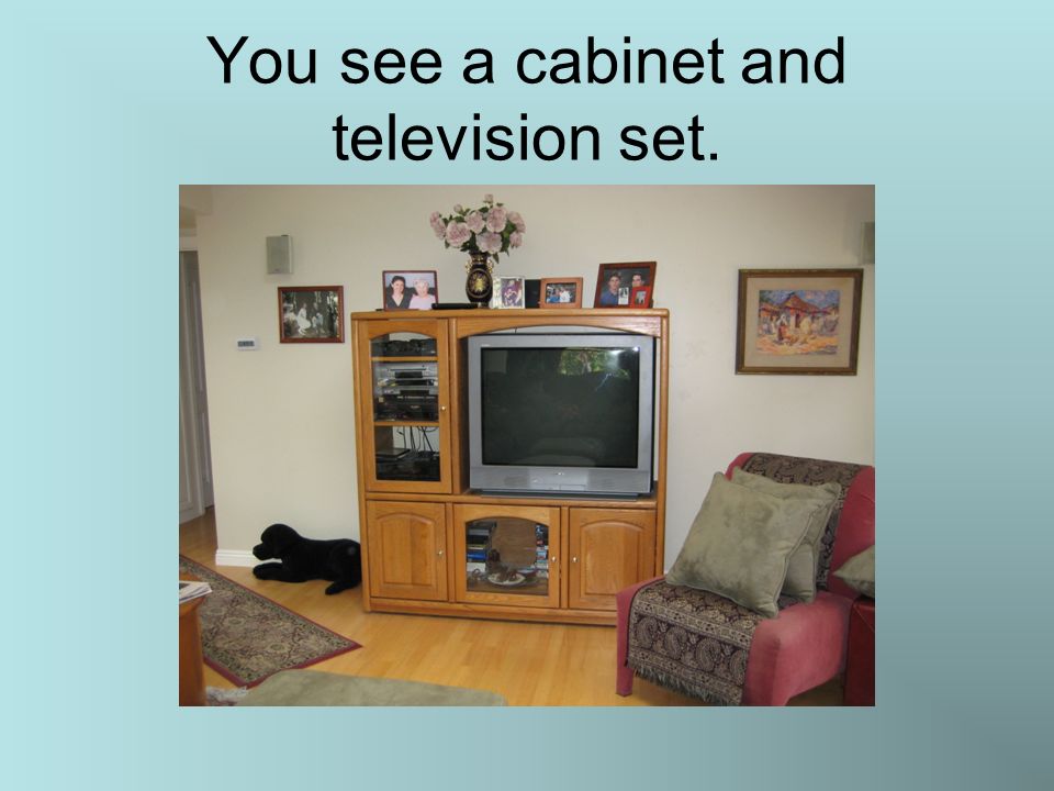 You see a cabinet and television set.