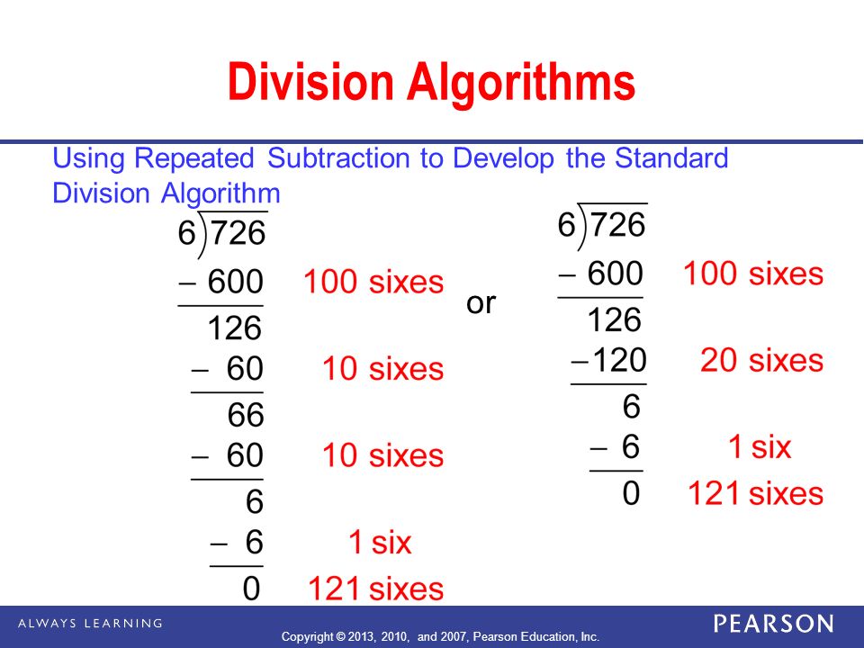 Division Algorithms Using Repeated Subtraction to Develop the Standard Division Algorithm or Copyright © 2013, 2010, and 2007, Pearson Education, Inc.