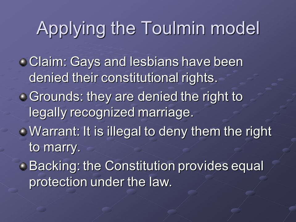 Applying the Toulmin model Claim: Gays and lesbians have been denied their constitutional rights.