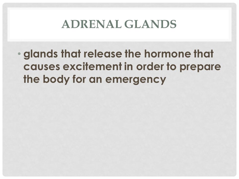 ADRENAL GLANDS glands that release the hormone that causes excitement in order to prepare the body for an emergency