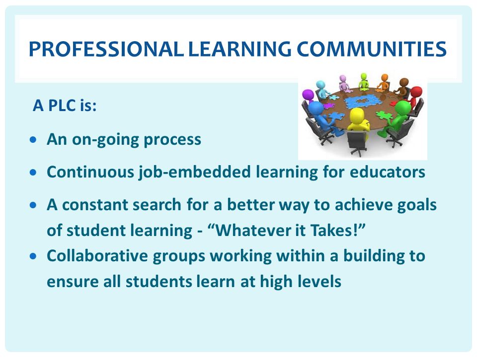 PROFESSIONAL LEARNING COMMUNITIES  An on-going process  Continuous job-embedded learning for educators  A constant search for a better way to achieve goals of student learning - Whatever it Takes!  Collaborative groups working within a building to ensure all students learn at high levels A PLC is:
