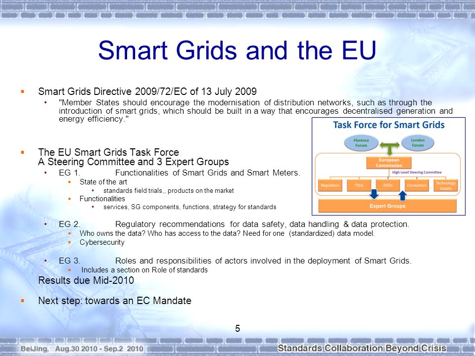Smart Grids and the EU  Smart Grids Directive 2009/72/EC of 13 July 2009 Member States should encourage the modernisation of distribution networks, such as through the introduction of smart grids, which should be built in a way that encourages decentralised generation and energy efficiency.  The EU Smart Grids Task Force A Steering Committee and 3 Expert Groups EG 1.