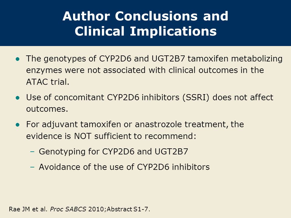 Author Conclusions and Clinical Implications The genotypes of CYP2D6 and UGT2B7 tamoxifen metabolizing enzymes were not associated with clinical outcomes in the ATAC trial.
