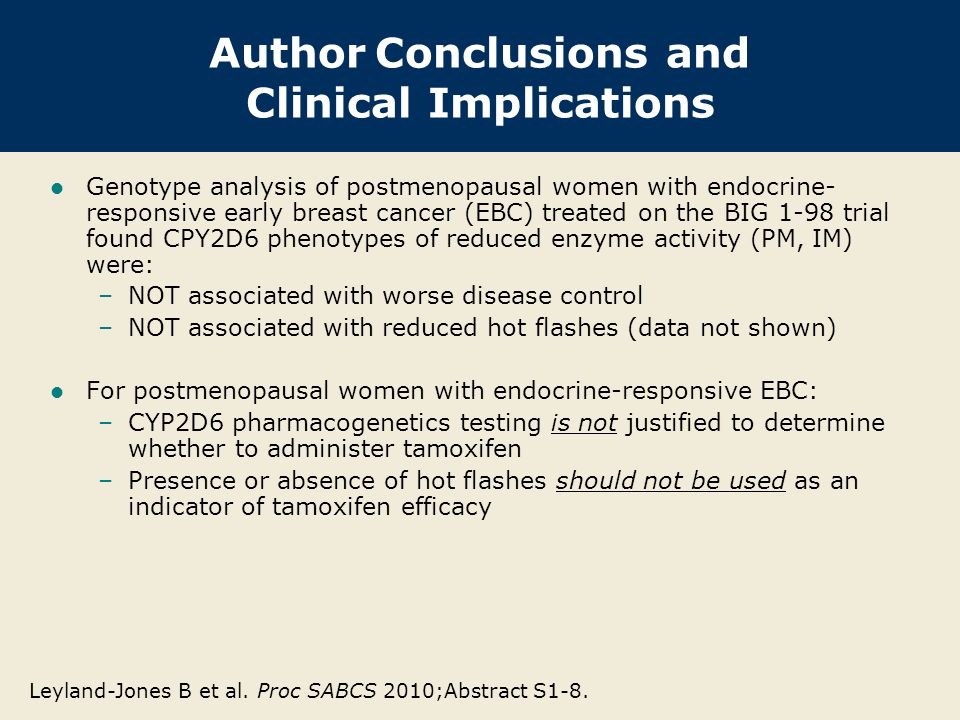 Author Conclusions and Clinical Implications Genotype analysis of postmenopausal women with endocrine- responsive early breast cancer (EBC) treated on the BIG 1-98 trial found CPY2D6 phenotypes of reduced enzyme activity (PM, IM) were: –NOT associated with worse disease control –NOT associated with reduced hot flashes (data not shown) For postmenopausal women with endocrine-responsive EBC: –CYP2D6 pharmacogenetics testing is not justified to determine whether to administer tamoxifen –Presence or absence of hot flashes should not be used as an indicator of tamoxifen efficacy Leyland-Jones B et al.