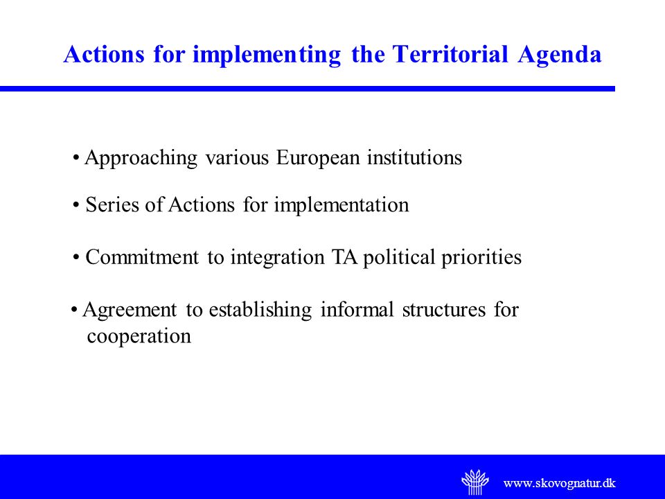 Actions for implementing the Territorial Agenda Approaching various European institutions Series of Actions for implementation Commitment to integration TA political priorities Agreement to establishing informal structures for cooperation
