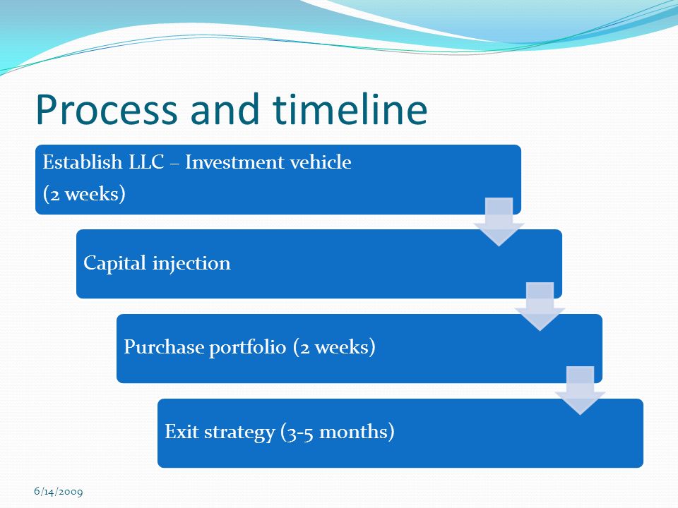 Process and timeline Establish LLC – Investment vehicle (2 weeks) Capital injectionPurchase portfolio (2 weeks)Exit strategy (3-5 months) 6/14/2009