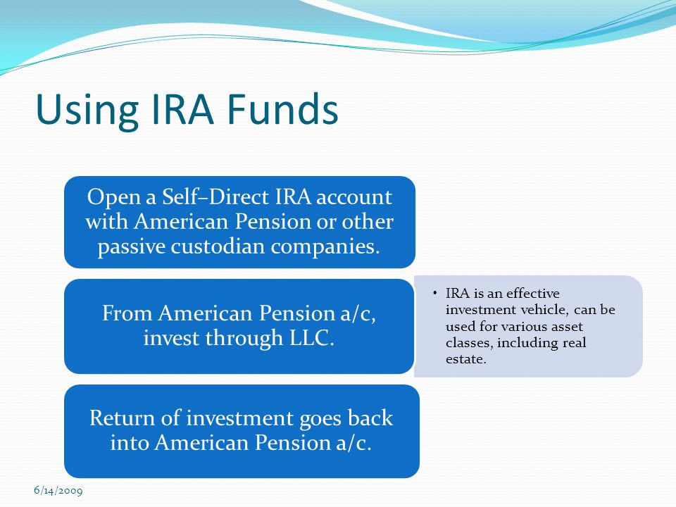 Using IRA Funds Open a Self–Direct IRA account with American Pension or other passive custodian companies.