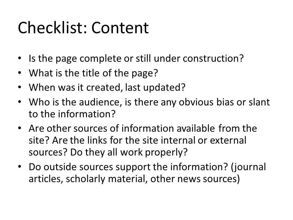Checklist: Content Is the page complete or still under construction.