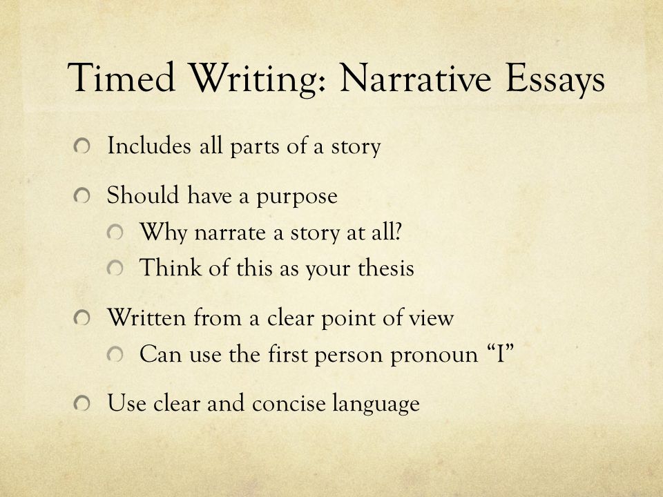 Timed Writing: Narrative Essays Includes all parts of a story Should have a purpose Why narrate a story at all.