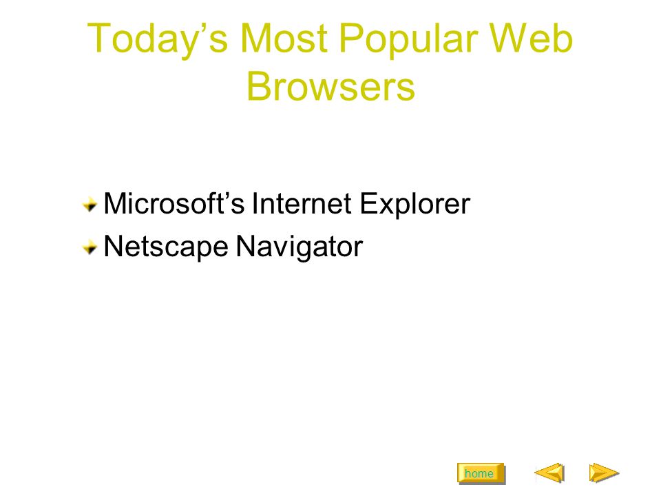 home Today’s Most Popular Web Browsers Microsoft’s Internet Explorer Netscape Navigator