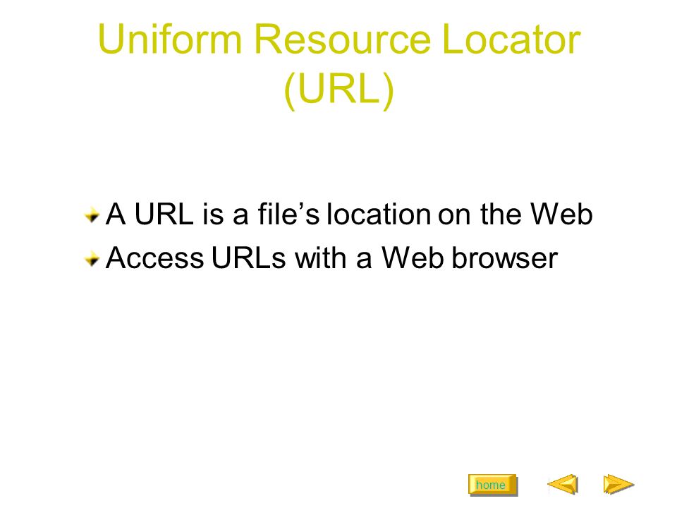home Uniform Resource Locator (URL) A URL is a file’s location on the Web Access URLs with a Web browser