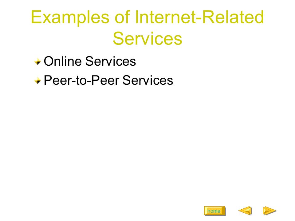 home Examples of Internet-Related Services Online Services Peer-to-Peer Services
