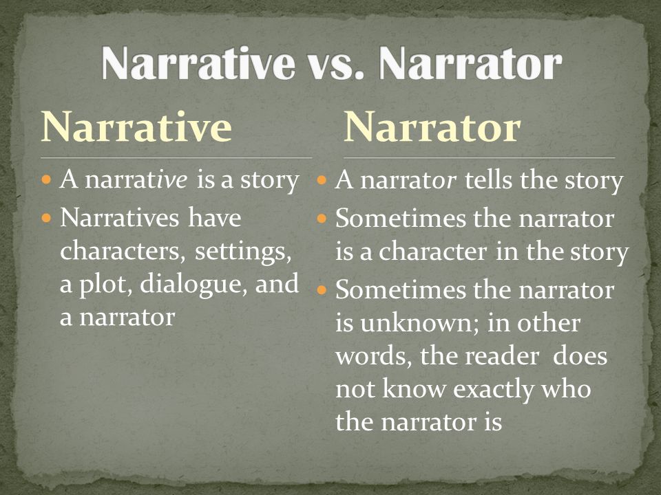 Narrative A narrative is a story Narratives have characters, settings, a plot, dialogue, and a narrator A narrator tells the story Sometimes the narrator is a character in the story Sometimes the narrator is unknown; in other words, the reader does not know exactly who the narrator is Narrator