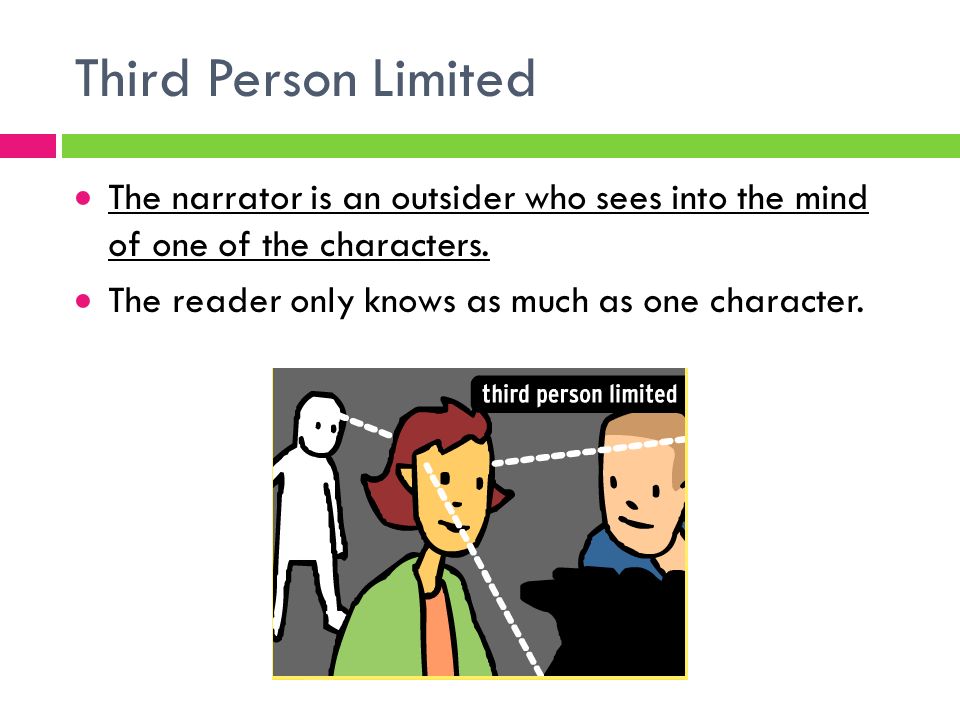 Third Person Limited  The narrator is an outsider who sees into the mind of one of the characters.