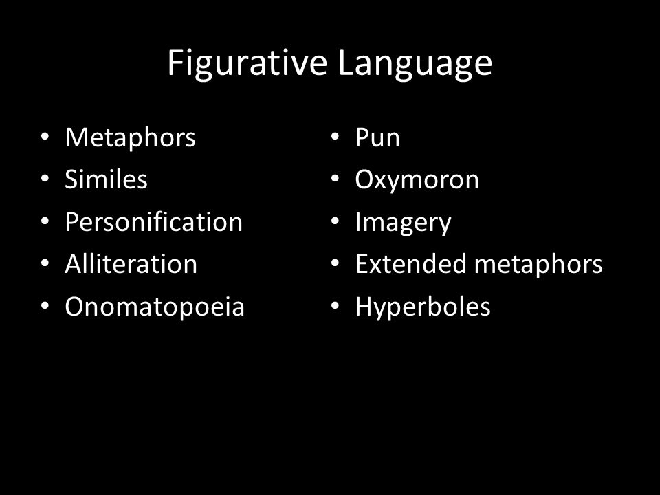Figurative Language Metaphors Similes Personification Alliteration Onomatopoeia Pun Oxymoron Imagery Extended metaphors Hyperboles