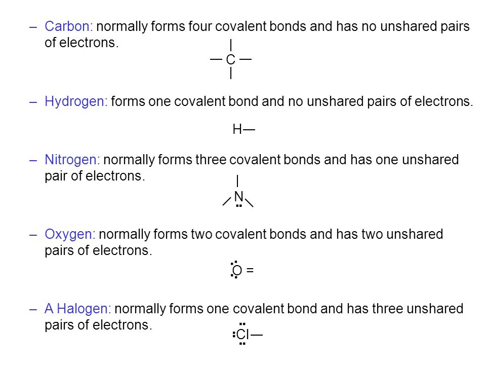 –Carbon: normally forms four covalent bonds and has no unshared pairs of electrons.