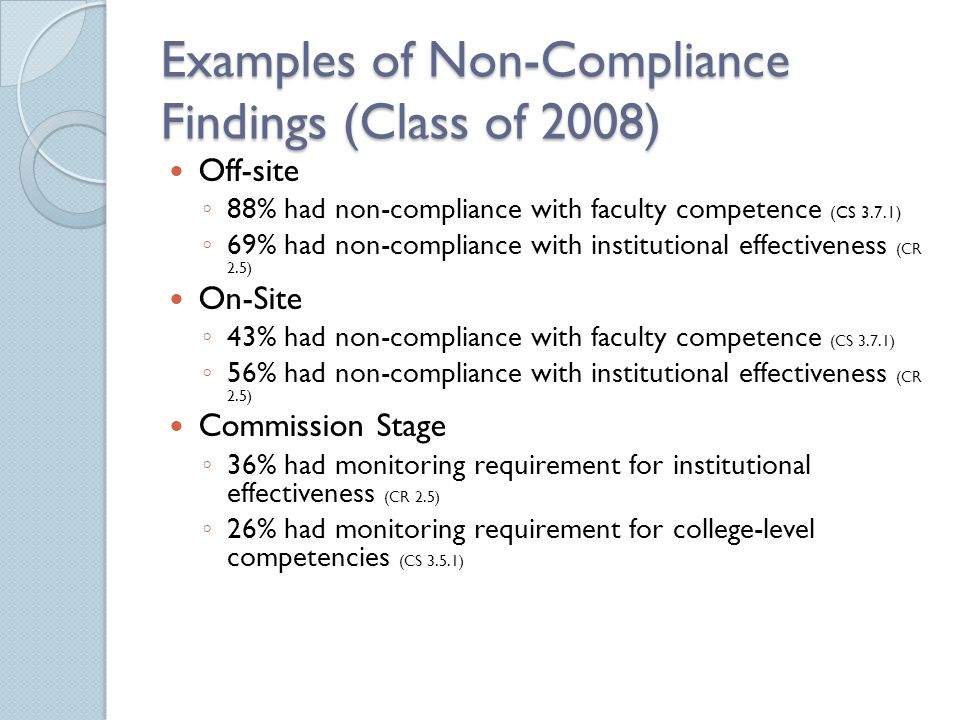 Examples of Non-Compliance Findings (Class of 2008) Off-site ◦ 88% had non-compliance with faculty competence (CS 3.7.1) ◦ 69% had non-compliance with institutional effectiveness (CR 2.5) On-Site ◦ 43% had non-compliance with faculty competence (CS 3.7.1) ◦ 56% had non-compliance with institutional effectiveness (CR 2.5) Commission Stage ◦ 36% had monitoring requirement for institutional effectiveness (CR 2.5) ◦ 26% had monitoring requirement for college-level competencies (CS 3.5.1)