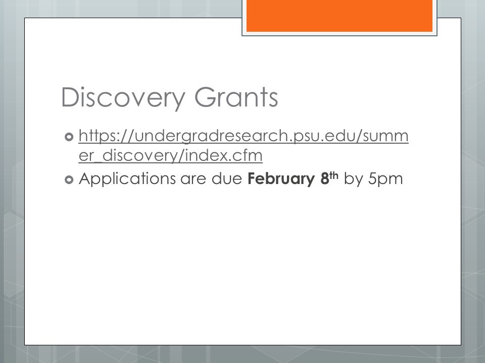 Discovery Grants    er_discovery/index.cfm   er_discovery/index.cfm  Applications are due February 8 th by 5pm