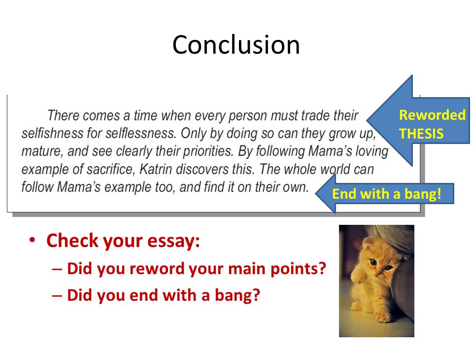Conclusion Reworded THESIS End with a bang. Check your essay: – Did you reword your main points.