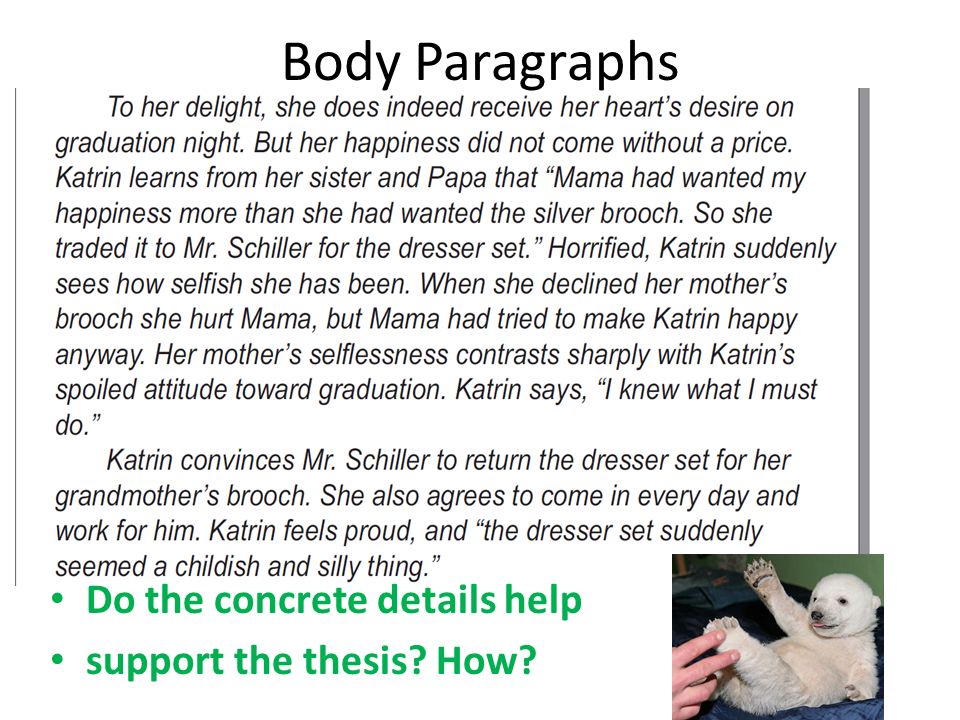 Body Paragraphs Do the concrete details help support the thesis How