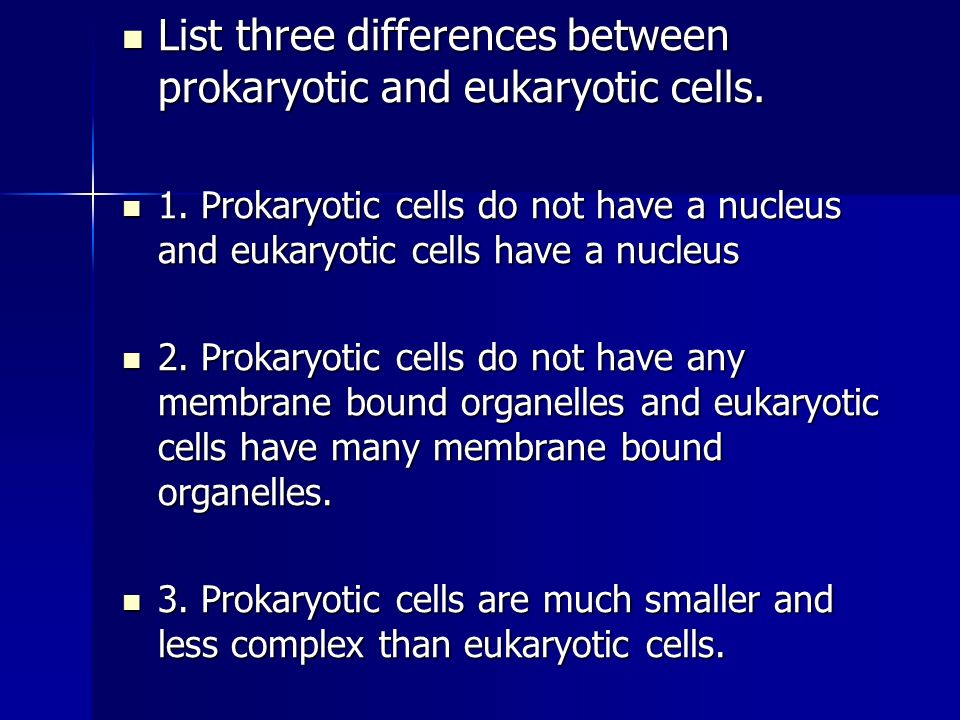 List three differences between prokaryotic and eukaryotic cells.