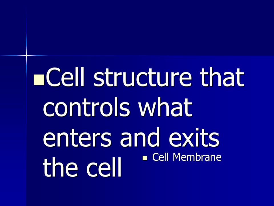 Cell structure that controls what enters and exits the cell Cell structure that controls what enters and exits the cell Cell Membrane