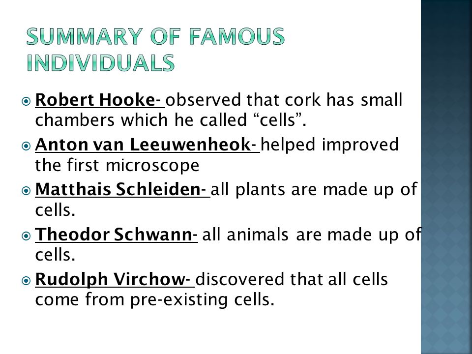  Robert Hooke- observed that cork has small chambers which he called cells .