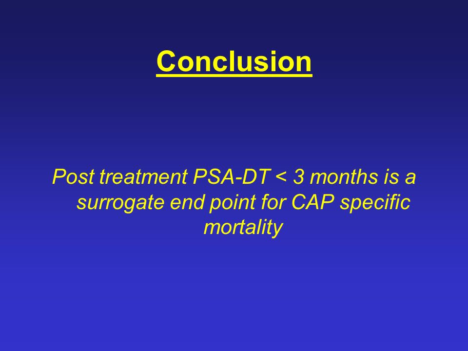 Conclusion Post treatment PSA-DT < 3 months is a surrogate end point for CAP specific mortality