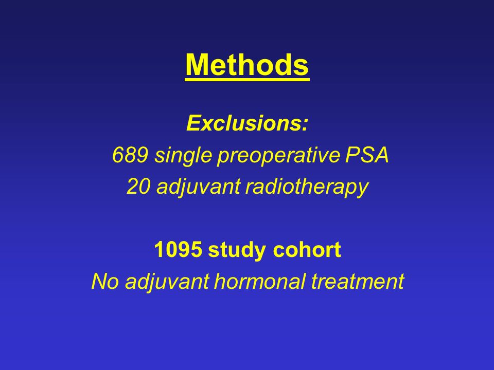 Methods Exclusions: 689 single preoperative PSA 20 adjuvant radiotherapy 1095 study cohort No adjuvant hormonal treatment